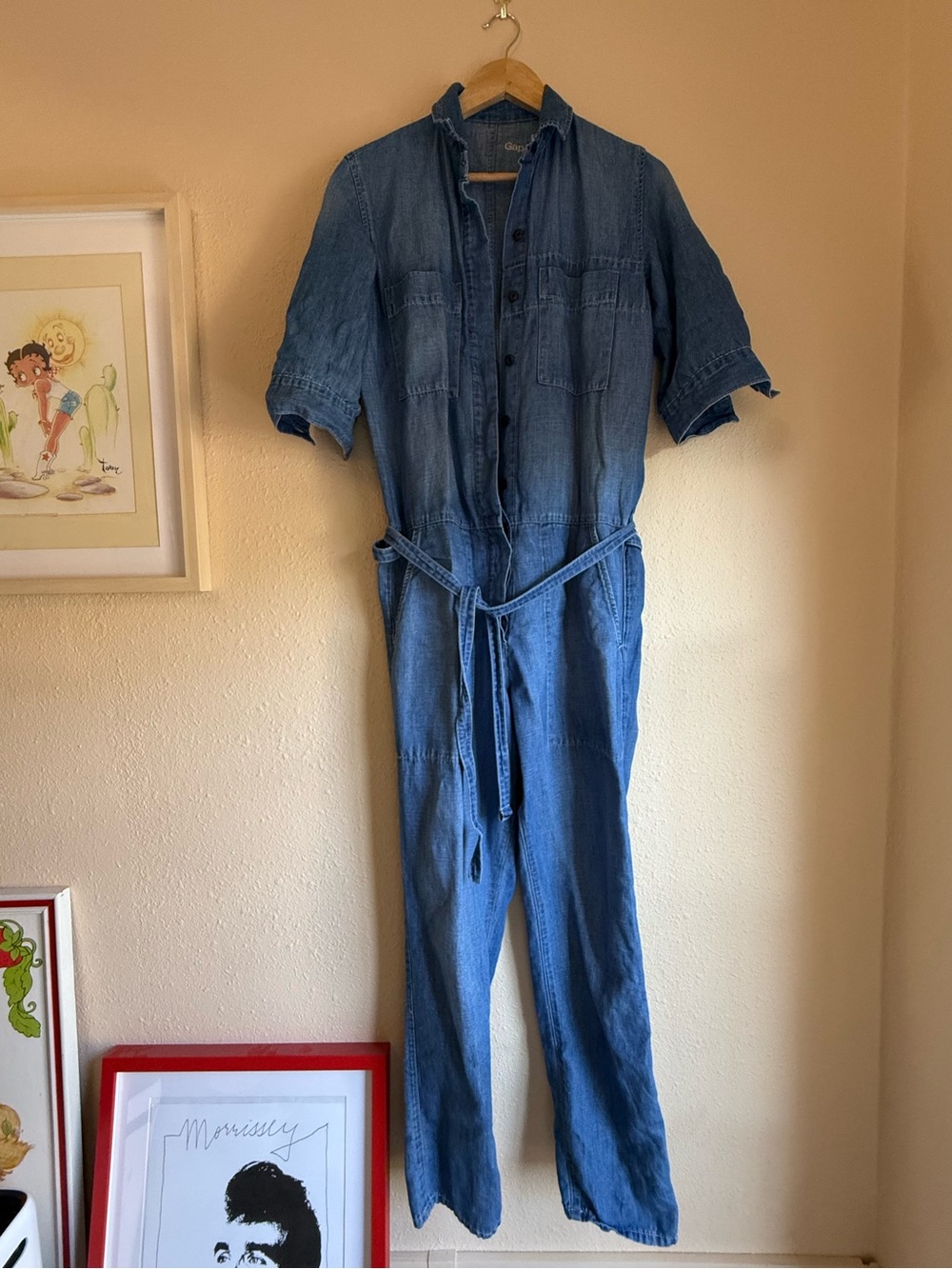 GAP Blue Denim Utility Jumpsuit with Tie Belt